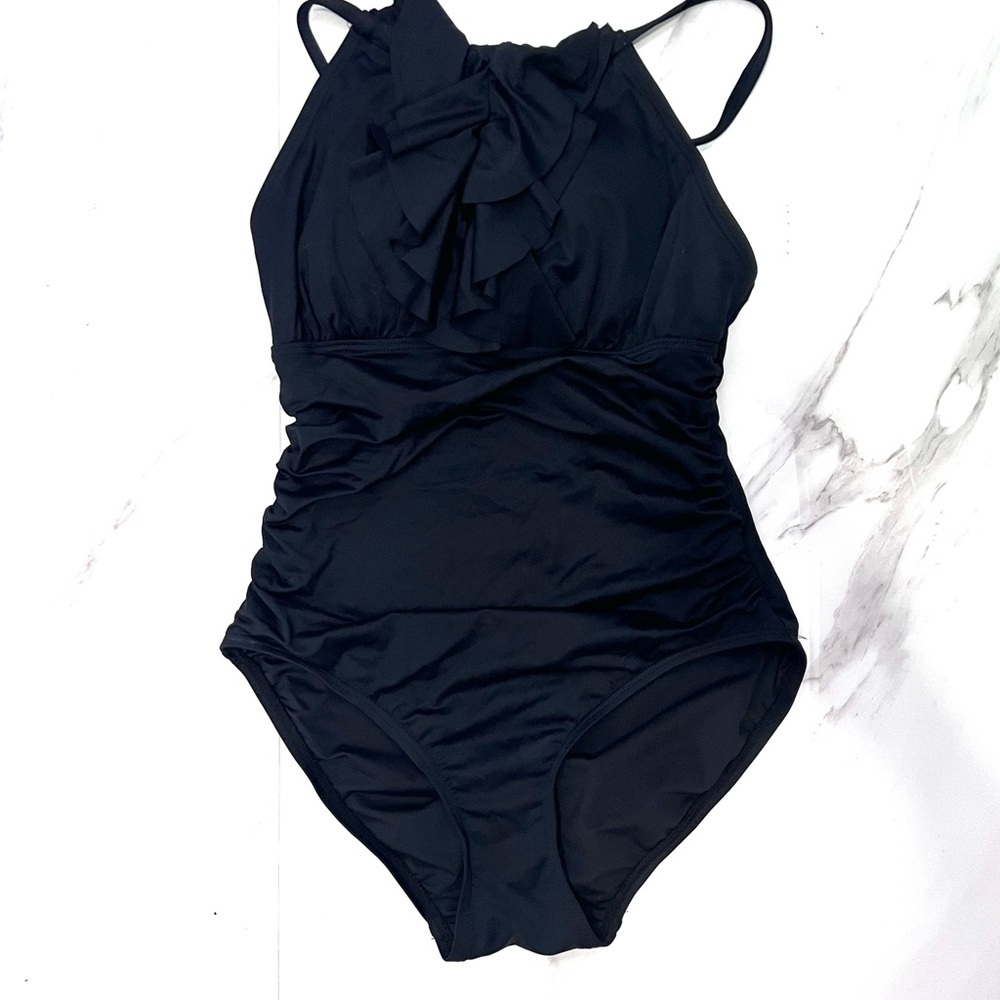 DKNY Black Classic One Piece halter swimsuit ruffle front‎ detail 6 - Picture 1 of 9